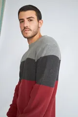 Sweater de invierno básico con diseño color block en tonos gris, verde y azul marino, de fit regular y cuello redondo.