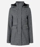 Campera de polivelour con lana, con estampado de cuadros pied-de-poule, corte alargado, capucha, cuello alto y bolsillos.