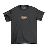Remera color marrón con gráfico de un globo terráqueo y diseño de texto en la parte posterior.