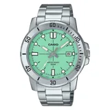 Reloj Casio con correa de acero inoxidable plateado y esfera verde agua.