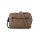 Bandolera rectangular color beige con paneles en diferentes tonos de marrón y beige. Tiene correa larga regulable, cierre superior y bolsillo trasero.