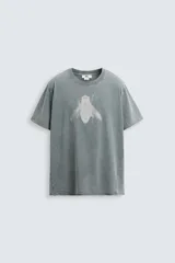 Camiseta gris con efecto lavado, corte relaxed fit, cuello redondo y manga corta. Estampado frontal de una mosca en color blanco.