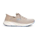 Championes deportivos Skechers Hands Free Slip-ins Relaxed Fit: Edgeride - Impression, color beige. Fabricados con materiales reciclados y veganos, capellada de punto elástico, cordones elásticos fijos, entresuela con amortiguación, plantilla Skechers Air-Cooled Memory Foam y suela de tracción flexible.
