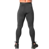 Calza deportiva larga negra, ajustada al cuerpo, con logo de la marca en la pierna izquierda.