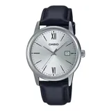 Reloj Casio plateado con correa de cuero negra, esfera plateada con números romanos y agujas plateadas.