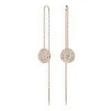 Par de aros colgantes Swarovski, bañados en tono oro rosa, con cadena fina y dije circular con incrustaciones de cristales blancos. Inspirados en el cosmos.