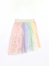 Falda corta de tul con cintura elástica dorada y diseño de arcoíris con estrellas doradas.