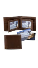 Billetera de cuero marrón con costuras blancas, interior con doble visor, tarjeteros y doble compartimento para billetes. Incluye las iniciales "LNS" grabadas en el frente.