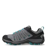 Championes de trekking Merrell Crosslander 3, color gris con detalles en negro y celeste. Confeccionados en cuero de gamuza y malla transpirable, con tecnología Merrell Air Cushion en el talón y lengüeta con fuelle.