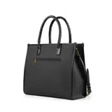 Cartera tote grande color negro, confeccionada en cuero sintético. Tiene doble asa de mano trenzada, correa de hombro ajustable y extraíble, cierre superior, bolsillo interno y logo XL dorado en el frente.