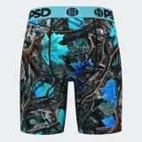 Calzoncillos bóxer estampados con billetes de 100 dólares, hojas de arce y ramas de árbol en tonos azules, negros y grises. Cintura elástica celeste con logo de la marca en negro.