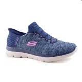 Championes deportivos Skechers Slip-ins Summits Dazzling Haze para mujer. Zapatillas veganas de color azul jaspeado, con cordones elásticos fijos, plantilla Skechers Air-Cooled Memory Foam y tecnología Heel Pillow.