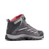 Botas de trekking Columbia Crestwood Mid WTPF para mujer, color gris con detalles en rojo. Confeccionadas con empeine de cuero, malla y cincha, tecnología Omni-Tech impermeable y transpirable, entresuela TechLite para amortiguación y suela Omni-Grip para tracción en todo terreno.