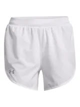 Short deportivo Under Armour Fly By Elite 3, color blanco, con cintura elástica, logo reflectivo y paneles laterales de malla.