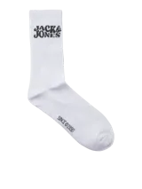 Pack de cinco pares de medias deportivas Jack & Jones de caña media, confeccionadas en tejido de punto elástico, suave y respirable. Incluye cuatro pares blancos con logo en azul, naranja y negro, y un par gris con logo en blanco.