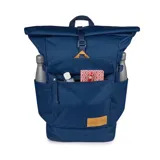 Mochila Jansport Hatchet Rolltop color azul con detalles en marrón y gris. Cuenta con compartimento principal con cierre enrollable, bolsillo frontal con solapa y hebilla, bolsillos laterales y asa superior.
