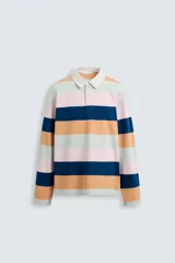 Polo de hombre de corte regular, con cuello solapa y cierre frontal de botonadura oculta por solapa, y manga larga. Diseño a rayas horizontales en azul marino, naranja, rosa y verde agua.