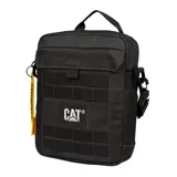 Bolso bandolera unisex color azul marino, con logo de Caterpillar en el frente y múltiples correas horizontales. Tiene correa de hombro ajustable y desmontable, bolsillo acolchado para tablet y bolsillo frontal con solapa y cierre de velcro.