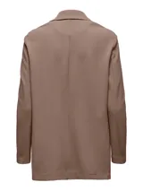 Blazer largo de punto color marrón lenteja, con solapas y calce holgado (loose fit).