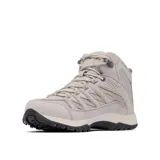 Bota de trekking de caña media Columbia Crestwood Mid Waterproof, color gris con detalles en rojo. Capellada de cuero, malla y cincha, con tecnología impermeable Omni-Tech.