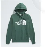 Buzo canguro azul con capucha y cordones ajustables. Logotipo de The North Face estampado en blanco en el pecho.