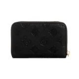 Billetera de mano Guess color negro con logo triangular dorado y diseño texturizado con el logo de la marca.
