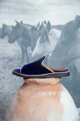 Sandalias Agnes Lenoble de terciopelo azul con ribete dorado y plantilla de cuero marrón.