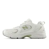 Championes New Balance 530 unisex, color blanco con detalles en verde y gris.