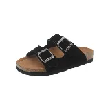 Sandalias negras con dos tiras anchas con hebillas plateadas y plantilla marrón.