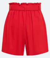 Short negro de lino y viscosa, con cintura elástica, cinturón tipo faja y bolsillos delanteros.