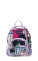 Mochila mini transparente con detalles en color lila pastel, marca JanSport.