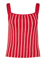 Top tejido sin mangas con cuello redondo y rayas verticales rojas y blancas.