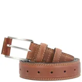 Cinturón marrón de cuero natural con hebilla metálica plateada y doble pasador de cuero.