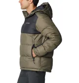 Campera puffer Columbia Pike Lake II Hooded para hombre, color verde oliva y negro. Cuenta con tecnología Omni-Heat Reflective, capucha ajustable, bolsillos con cierre y puños elásticos.