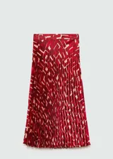 Falda midi plisada de tejido fluido con estampado abstracto en tonos rojo y beige.