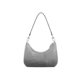 Cartera de mano plateada con textura metálica, correa desmontable y logo triangular metálico en el frente.