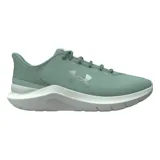 Championes Under Armour Phade RN 3 color verde agua con logo plateado y suela blanca. Zapatillas de running ligeras y cómodas.