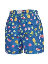 Short de baño verde con estampado de aves coloridas, diseñado para el uso en playa.