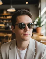 Lentes de sol con armazón geométrico color mostaza y lentes verdes polarizadas.