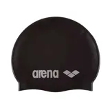 Gorro de natación de silicona liso, color negro, con el logo de la marca Arena en color gris claro.