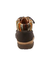 Bota de cuero color chocolate con cuello de tejido multicolor. Suela de goma con tecnología Honey Foam.