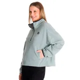 Buzo polar verde oscuro de microfleece, con cierre medio frontal con tirador con logo de Cat, bolsillo tipo canguro con costura divisoria, banda ajustable y parche de silicona con el logo de Caterpillar en el pecho izquierdo.