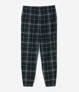 Pantalón de pijama masculino de fleece con estampado de cuadros en tonos verde, negro y blanco. Cuenta con cintura elástica, cordón de ajuste, bolsillos laterales y puños elásticos.