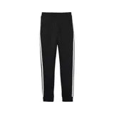 Pantalón jogger Adidas negro con las icónicas tres rayas blancas a lo largo de las piernas. Presenta un corte cónico (tapered) con puños acanalados y el logo de Adidas bordado en blanco en el muslo izquierdo.