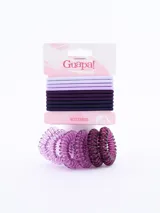 Pack de 16 coleros de pelo elásticos en colores lila, morado y violeta, con diseños lisos y en espiral.