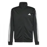 Conjunto deportivo Adidas negro de tricot, compuesto por campera con cierre y pantalón. La campera tiene cuello alto, cierre frontal, bolsillos laterales y las tres franjas blancas características en las mangas. El pantalón tiene cintura elástica con cordón ajustable y las tres franjas blancas en los laterales.