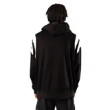 Canguro negro con capucha, corte holgado, mangas largas con dos franjas blancas y logo blanco estampado en el pecho.