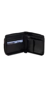Billetera negra de símil cuero con cierre perimetral, doble compartimento para billetes, tarjetero integrado y bolsillo interno para monedas.