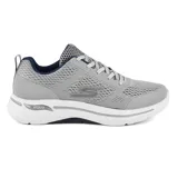 Championes grises Skechers GOwalk Arch Fit Idyllic para hombre, con capellada de malla técnica, cordones, plantilla Arch Fit removible con soporte en el arco plantar certificado por podólogos, entresuela Ultra Go liviana con amortiguación y tecnología Comfort Pillar para mayor soporte.