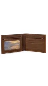 Billetera de cuero color marrón oscuro, con interior que incluye visor, tarjeteros y doble compartimento para billetes. Presenta un detalle de tres líneas verticales en colores blanco, naranja y azul en el exterior.